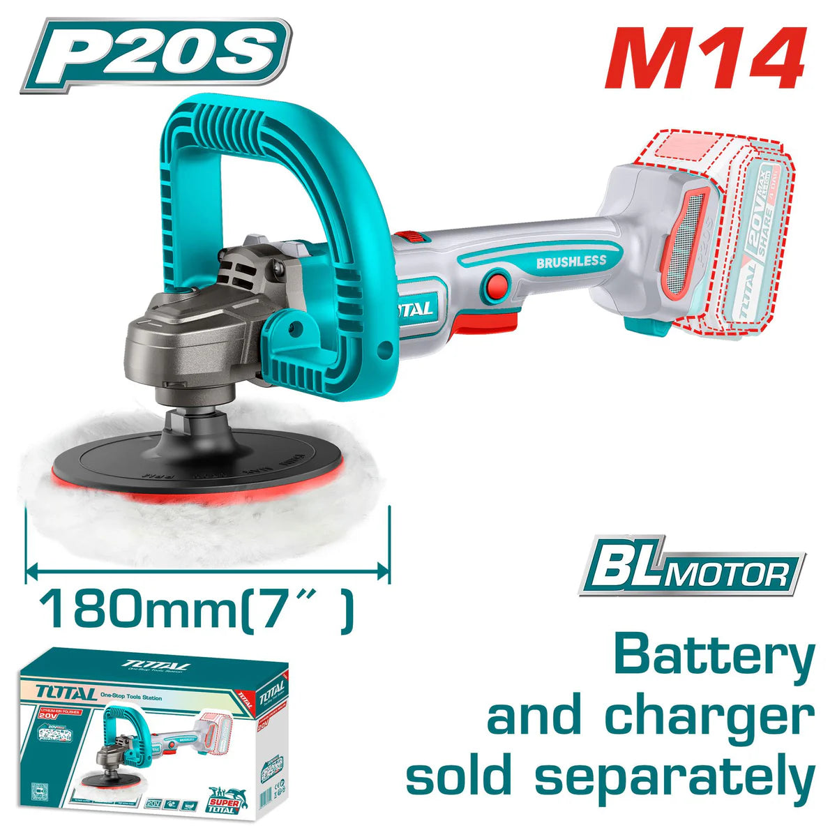 TOTAL 20V Lithium-Ion Brushless Polisher 180mm (7") TAPLI2018 Total